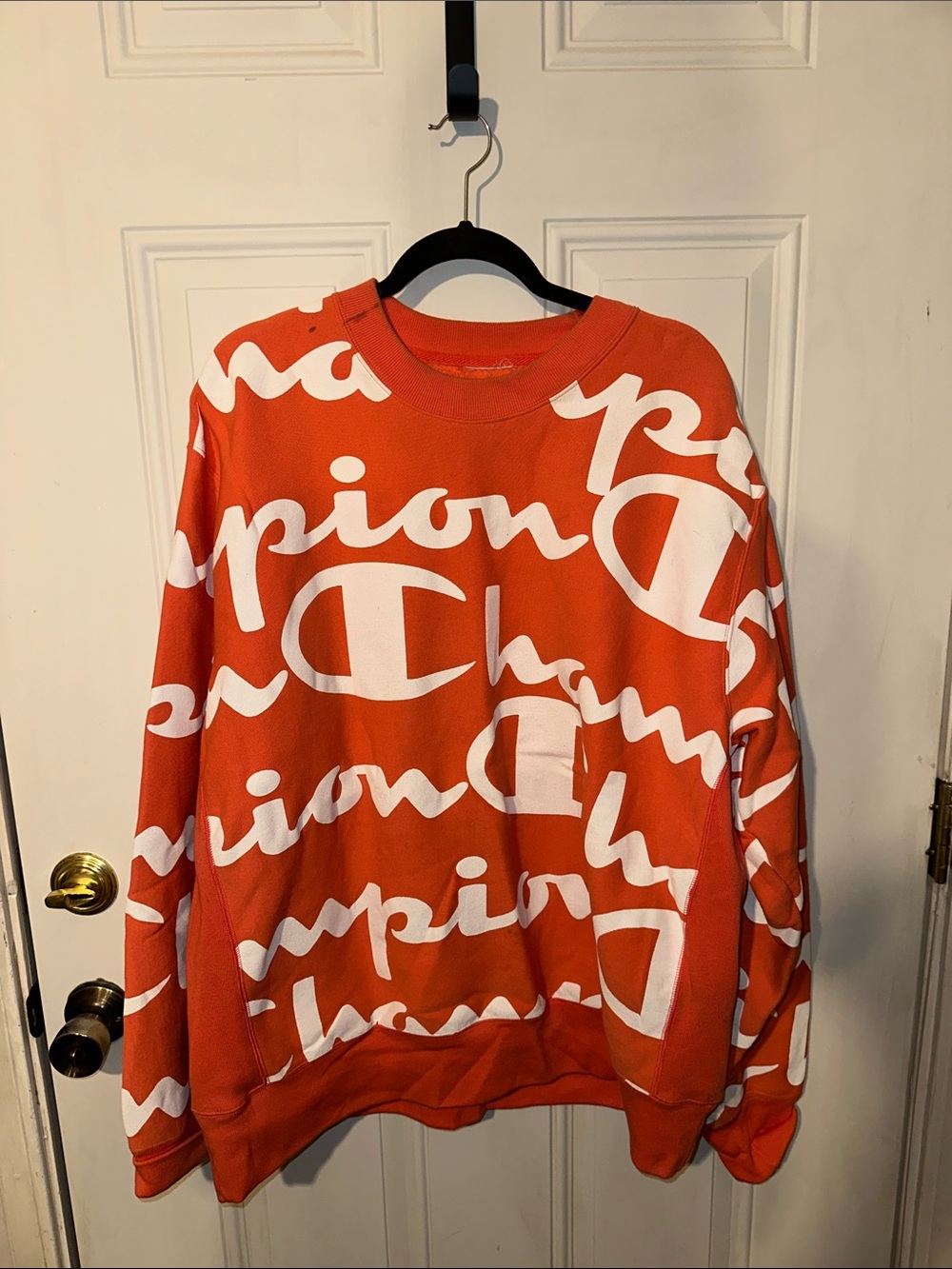Champion Orange Crewneck with Bold White Logo Print